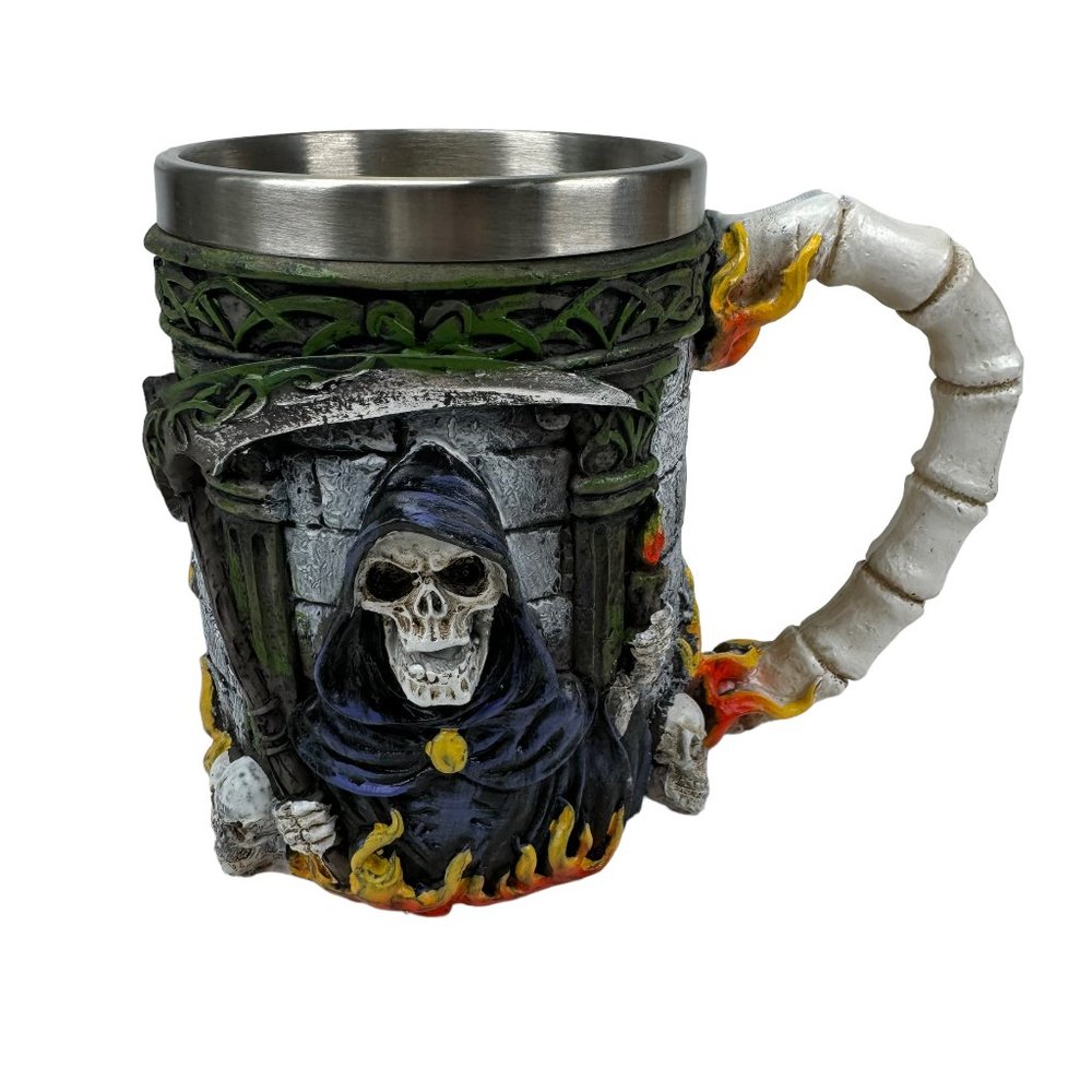 Stainless Steel & Resin 3D Grim Reaper Skull Mug Beer Tankard Goblet Metal Biker